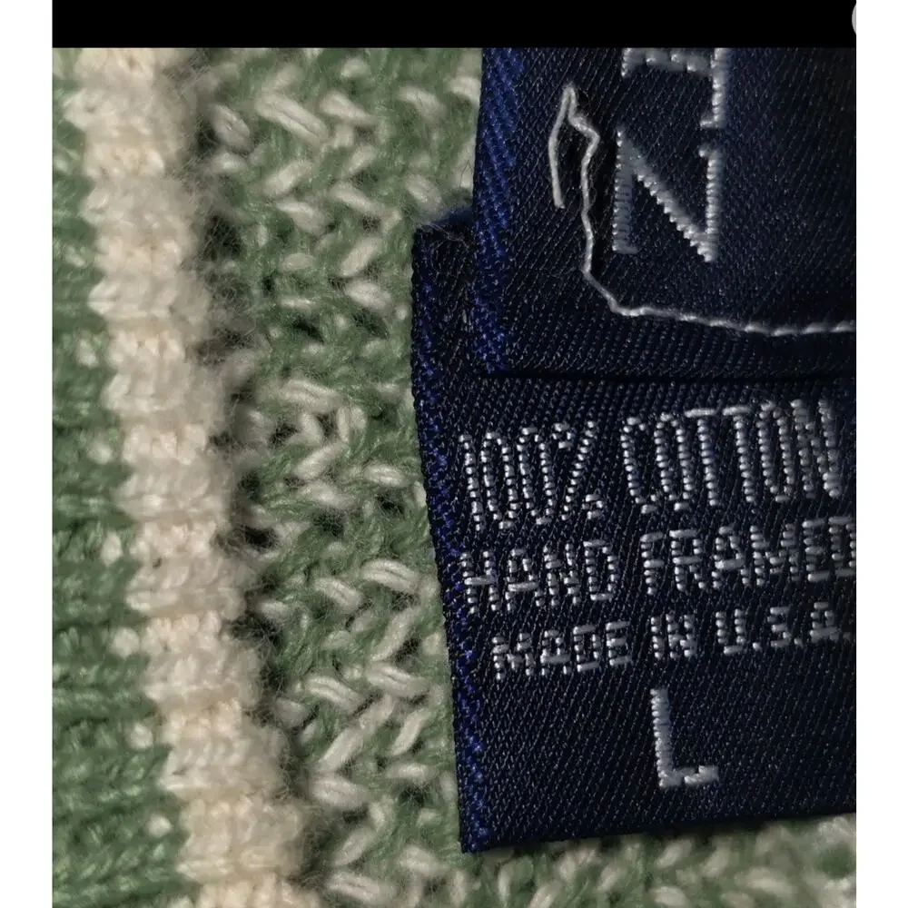 Vintage JOHN WEITZ Hand Framed Cotton Knitted Sweater Made In USA L Green/Cream - Picture 4 of 7